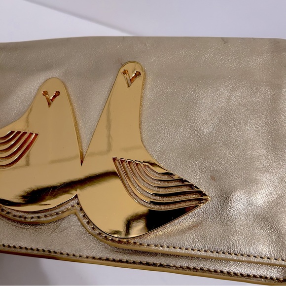 Jonathan Adler Gold Leather Clutch Wristlet with Metal Birds - Picture 7 of 14